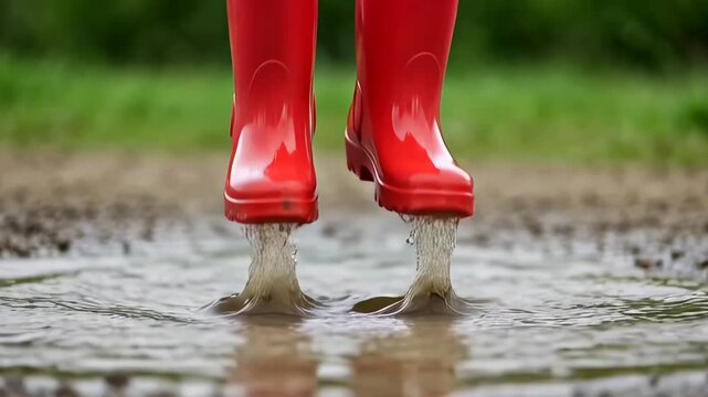 ?Splashing in red rain boots: joyful moments in a puddle