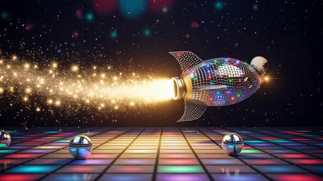 disco fish robot blasting off into space with flames