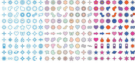Obraz premium Comprehensive collection of trendy y2k aesthetic stickers and retro icons featuring colorful stars flowers hearts smiley faces butterflies and geometric shapes for creative design projects.