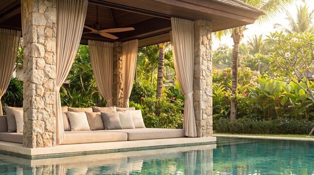 Luxury pool cabana, Covered outdoor lounge, Tropical garden retreat, Stone column pavilion, Resort style patio, Calm poolside relaxation