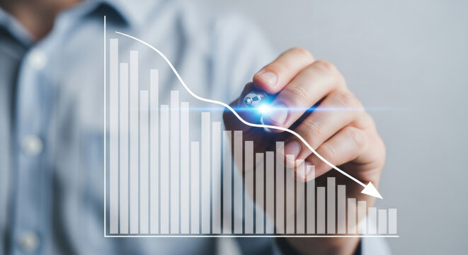 Hand Drawing Downward Trending Bar Chart on Glass Surface Showing Financial Decline and Economic Recession with Negative Growth