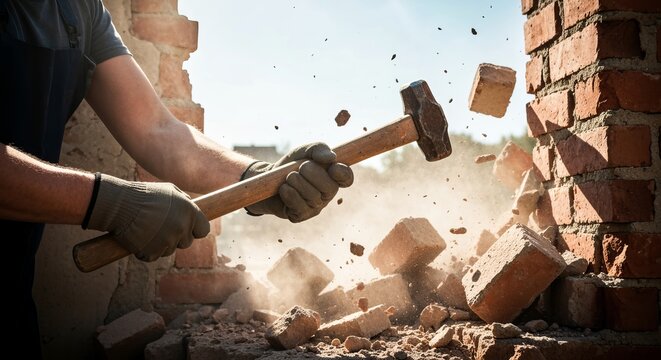 A construction worker uses a heavy sledgehammer to demolish an old brick wall on a sunny day.
