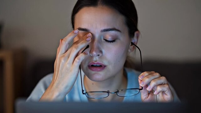 ?Woman relieving eye strain with glasses removal and gentle eye massage