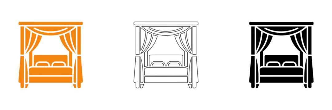 Modern bed with canopy in three color styles isolated on transparent background, Vector