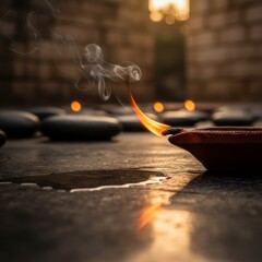 Obraz premium Burning oil lamp with smoke on stone floor during sunset