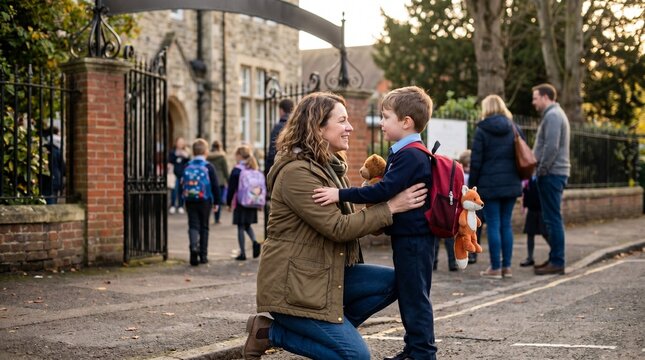 Mother kneels to hug her son wearing a school uniform and backpack outside a school gate with other children and parents in the background