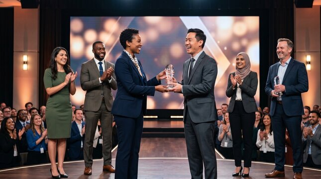Diverse group of professionals receiving awards on stage during a corporate event celebration with audience clapping and cheering