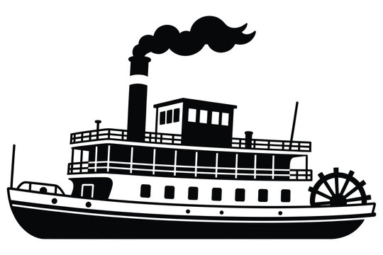 Classic steam paddle boat silhouette icon with steamboat paddleboat riverboat nautical transportation steamship silhouette graphics illustration as PNG asset