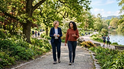 Obraz premium Two women walking and talking in a lush green park with a lake and other people enjoying outdoor activities