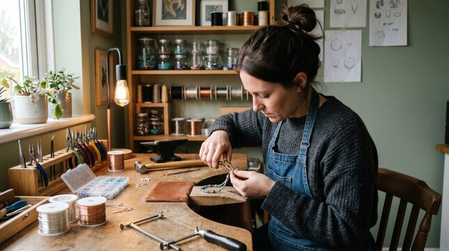 Woman artisan meticulously crafting a beaded bracelet at her workbench filled with jewelry making tools and supplies