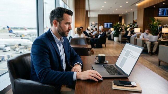 Businessman working on laptop in airport lounge with view of airplanes on tarmac