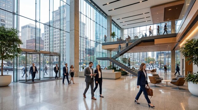 Modern office building lobby with people walking and interacting in a bright contemporary space with large windows and architectural staircase