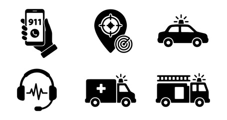 Emergency Services Icons: 911 Phone, Location Target, Police Car, Ambulance, Fire Truck, Headset © ImageScape