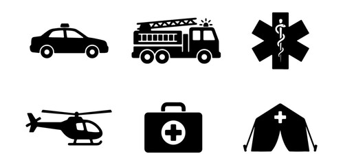 Emergency Services Icons: Police Car, Fire Truck, Medical Symbol, Helicopter, First Aid Kit, Tent © ImageScape