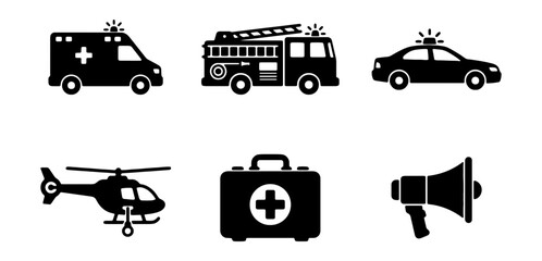 Emergency Service Icons: Ambulance, Fire Truck, Police Car, Helicopter, First Aid Kit, Megaphone © ImageScape