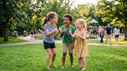Obraz premium Three happy diverse children giving thumbs up in a sunny park with a playground in the background