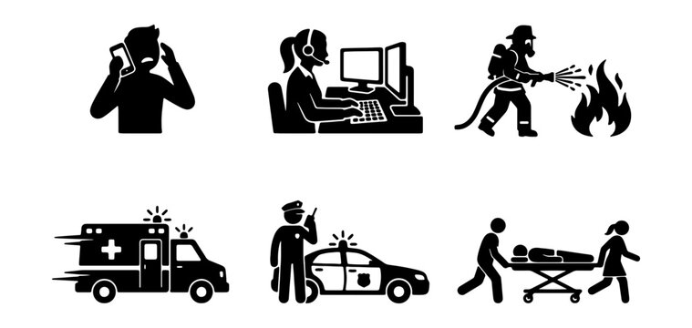 Emergency Services Icons: Firefighter, Police, Ambulance, Dispatch, Patient Transport