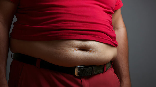 Close-up of a man's midsection showcasing excess belly fat and an unbuttoned shirt, highlighting weight concerns and an unhealthy lifestyle