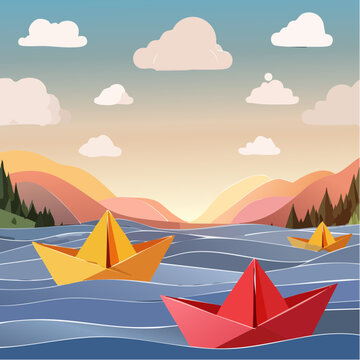 Paysage lac avec petits bateaux en origami et collines color&eacute;es