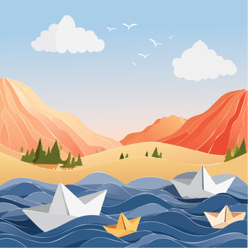 Paysage lac avec petits bateaux en origami et collines color&eacute;es