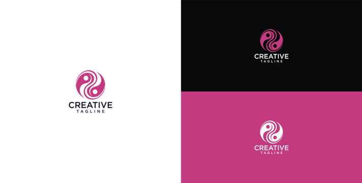 Abstract pink and white Yin Yang logo with intertwined human-like figures, symbolizing balance, harmony, and a modern creative concept for brand identity design