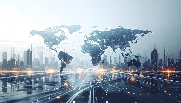 Abstract visualization of global rare earth supply network feeding EV industry, world map design, tech aesthetic, clean lines, rare earth for electric vehicles, AI generetaed, AI generated