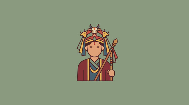 Illustration of a Traditional Asian Deity or Royal Figure with Cow Headgear