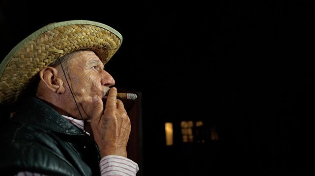 Dense cigar smoke catches artificial light as it rises around an elderly gentleman outdoors at night. The scene emphasizes texture, atmosphere, and a distinctive portrait of rural character.