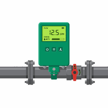 Digital water flow meter sensor installed on industrial pipeline vector illustration.