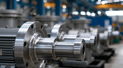 Fototapeta premium Assortment of heavy-duty pump housings and industrial metal machinery in a factory setting, manufacturing equipment concept, with copy space