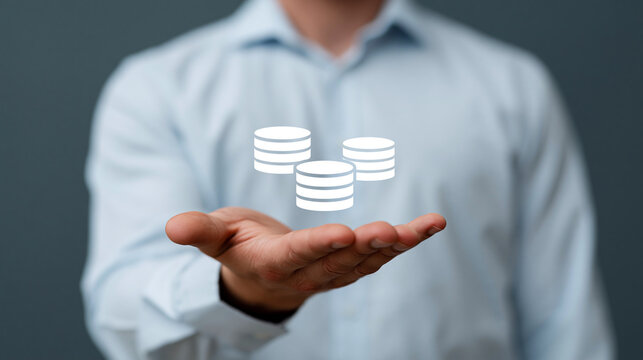 Engineer holding database icons representing data integration, ETL processes, and centralized data warehouse solutions, data management concept, with copy space