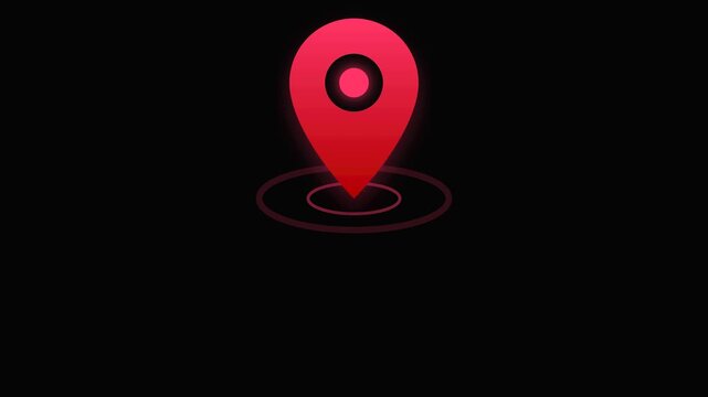 4K Animated Large Red Location Pin with GPS Radar Pulse Isolated on Solid Black Background