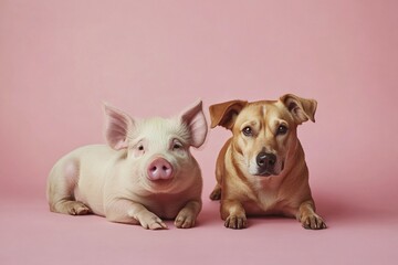 Obraz premium Young pig and dog next to each other in front of pink background. Generative AI, AI generated