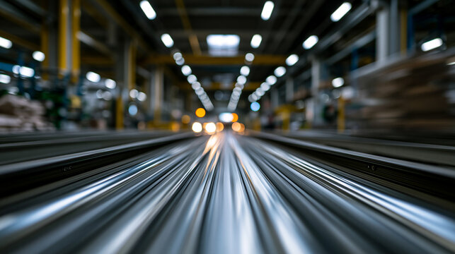 Long exposure photo of an industrial conveyor belt with illuminated streaks showing goods movement, automated production line concept, with copy space