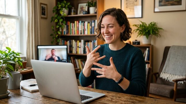 Woman communicating via sign language on a video call from her home office with bookshelves and plants