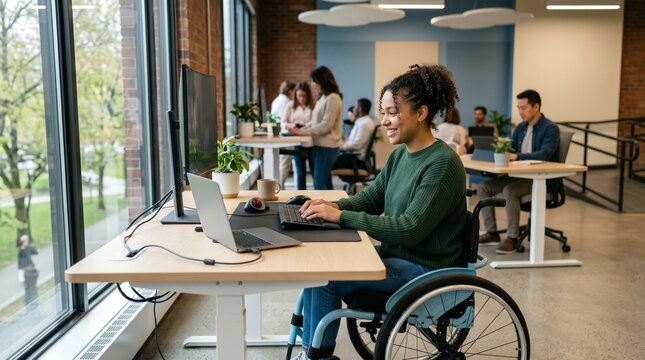 Diverse team working in a modern open office with a woman in a wheelchair at the forefront