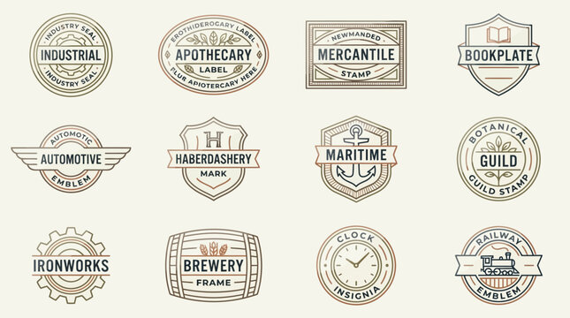Elegant collection of vintage typography badges and border frames featuring retro emblems and classic labels for diverse business branding and design projects
