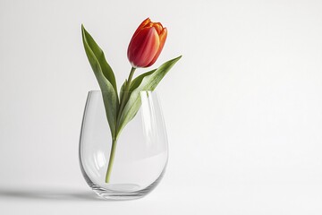 Obraz premium Single red Tulip spring flower in glass vase on white background. Generative AI, AI generated