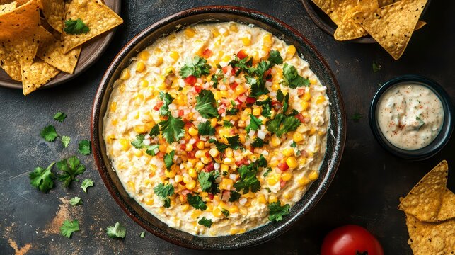 A bowl of creamy corn dip with red pepper, onion, and cilantro served with tortilla chips.