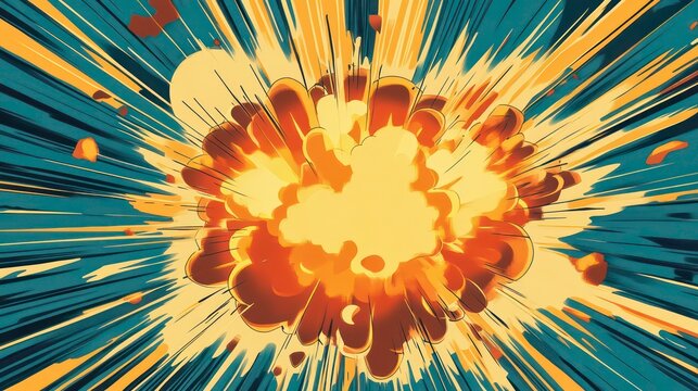 A bright yellow and orange explosion with blue and yellow lines emanating from the center.