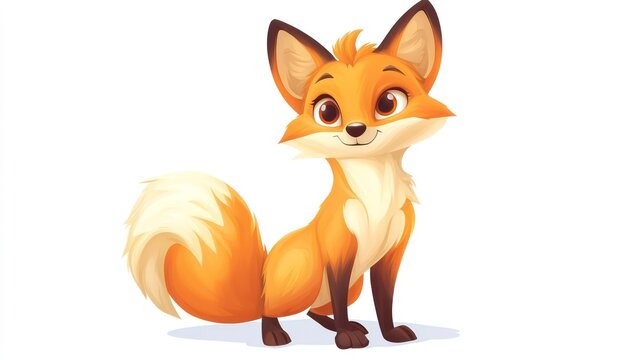 A cartoon fox with a big bushy tail, big eyes, and a cute smile sitting on a white background.