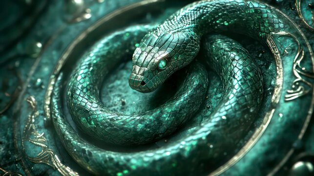 A green snake with a jeweled scales, coiled in a circular pattern, staring directly at the viewer, set against a golden ornate background.