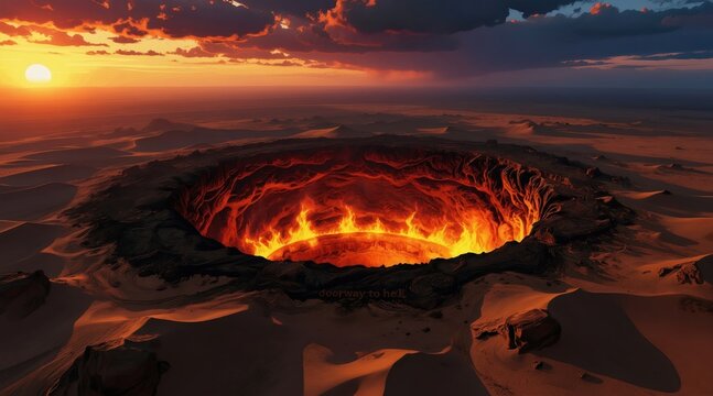 Fiery crater in desert landscape at dusk. Glowing inferno burns in deep pit with smoke clouds in sky. Sand dunes surround volcanic gas opening.