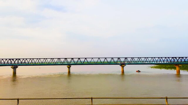 Close View of Jamuna River Railway Bridge Over River in Bangladesh Modern Transportation Infrastructure Footage