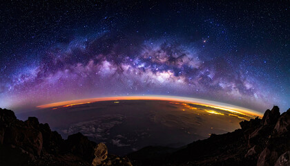 Obraz premium Explore the cosmos with this majestic panorama of the Milky Way over a curved horizon. This ethereal nighttime scene blends earth and space, ideal for inspirational and creative science projects.