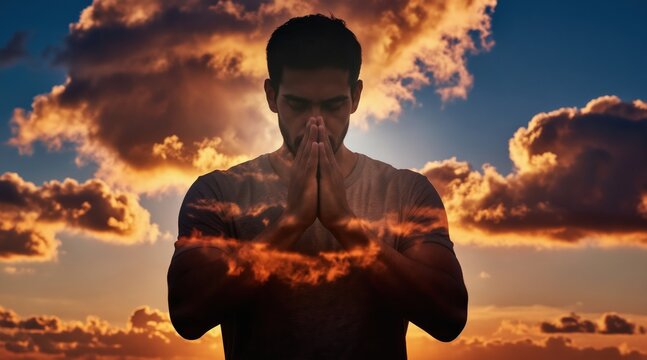 Man clasps hands in prayer gesture superimposed over dramatic sunset sky. Focus on spiritual contemplation and inner peace, evoking faith and hope.