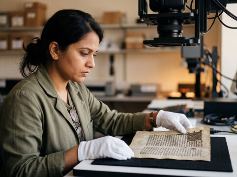 Archivist digitizing medieval manuscript under copy stand
