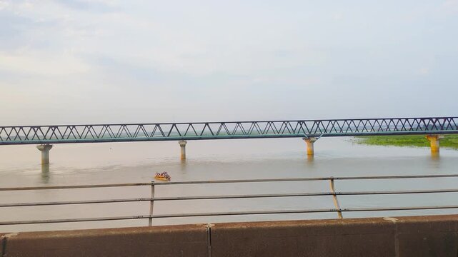 Railway Bridge Across Jamuna River in Bangladesh Scenic Waterway Infrastructure and Transportation Footage