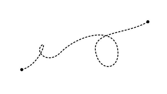 Black Dashed Loopy Travel Path Animation, Organic Map Route Trail on White Background