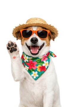 Happy dog in sunglasses and hat waving paw